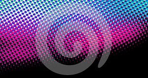 Abstract light pink and blue dots grid halftone wave futuristic twisted pattern with circle minimalism geometry texture on black