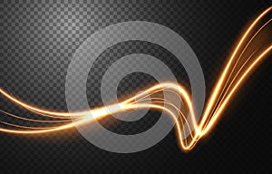 Abstract light speed motion effect, gold light trail. Vector Illustration