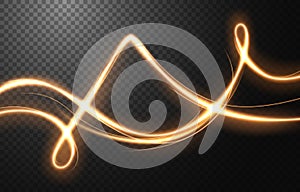 Abstract light speed motion effect, gold light trail. Vector Illustration