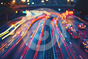 Abstract light trails background, multicolored traffic lines in big city.