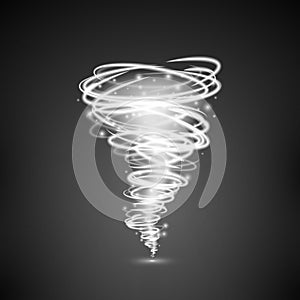 Abstract light vortex tornado magical illumination. Effect of whirlwind or hurricane. Vector illustration isolated on dark