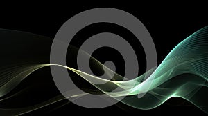 Abstract light wavy lines flowing dynamic in green colors against black background. Digital, communication, 5G, science, music