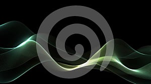Abstract light wavy lines flowing dynamic in green colors against black background. Digital, communication, 5G, science, music