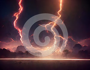 Abstract lightening strikes violently in the forest at night. Generative AI.