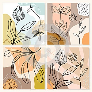 Abstract line art backgrounds, posters wall art set with flowers and plants