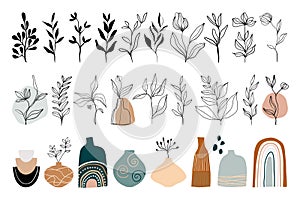 Abstract line art collection with floral elements, leaves, plants and vases, modern trendy design