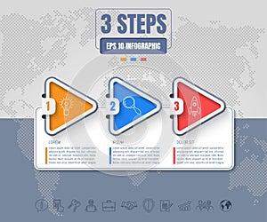 Three options or steps infographic on dotted world map abstract background. Business thin line icons.