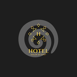 Abstract line hotel logo with gold line outline style icon for hotel, spa, or jewelry