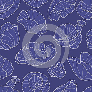 Abstract line lotos seamless pattern. Blue flowers, indigo floral plants. Textile or fabric, decorative print for