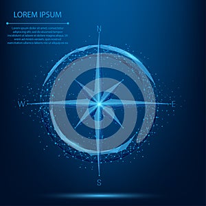 Abstract line and point compass icon. Low poly style design illustration