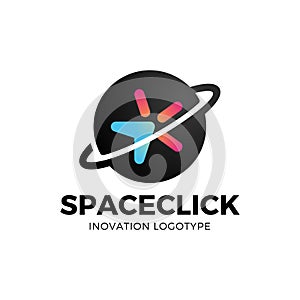 Abstract line style star logo with mouse cursor click. Space planet orbit with icon inside