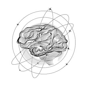 Abstract linear drawing of a brain surrounded by stars in orbits