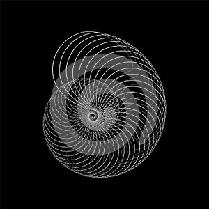 Abstract linear shell shape on black background. Technology object. Round spiral logo.