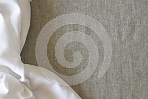 Abstract linen fabric texture background. Crumpled natural linen organic eco textiles canvas background. Top view