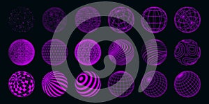 Abstract lines. 3D figure grid. Dot globe shapes. Explosion space sphere. Round molecular particle. Neon purple