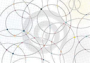 Abstract lines circles and multicolor dots with radial halftone texture on white background