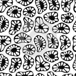 abstract lino cut seamless pattern design. Flowers, spots, cells