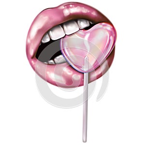 Abstract lips with lollipop heart. Sexy woman with pink lips holding lollipop, beauty close up