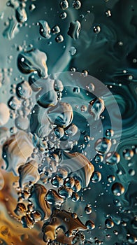 Abstract liquid and bubbles background with swirling patterns and reflections
