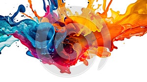 Abstract liquid color explosion colorful artistic yellow blue purple red orange splashing splatter in the air white background