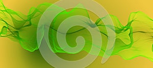 Abstract liquid flow stream. Wavy green fabric on yellow background