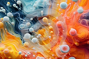 Abstract liquid inks pastel colours mixed with micro-organisms like molds and mosh