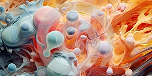 Abstract liquid inks pastel colours mixed with micro-organisms like molds and mosh