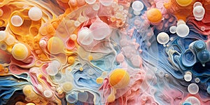 Abstract liquid inks pastel colours mixed with micro-organisms like molds and mosh