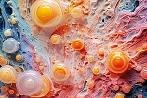 Abstract liquid inks pastel colours mixed with micro-organisms like molds and mosh