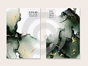 Abstract liquid paint in deep green colors. Modern poster with alcohol ink splashes. Liquid flow design for advertising, banner,