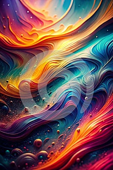 Abstract Liquid paint effect blurred gradient overflow waves grainy background texture. Colorful digital Grain Texture overlay. Lo photo