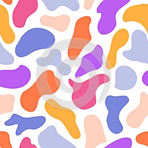 Abstract liquid shapes seamless pattern. Terrazzo colored background. Organic fluid pebbles dynamical futuristic shapes