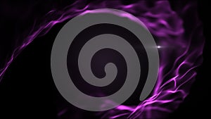 Abstract liquid whirl background. Bright violet, purple shapes on black backdrop. Light blurred white blick is inside