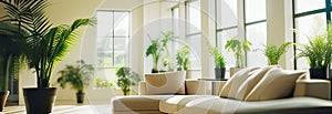 abstract living room or lounge with fresh green plants, big window and lots of empty space. modern contemporary scandi