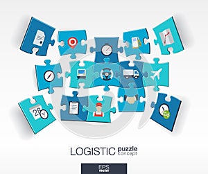 Abstract logistic background with connected color puzzles, integrated flat icon. 3d concept with Delivery, service, shipping