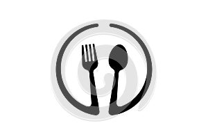 Abstract logo of a cafe or restaurant. A spoon and fork on a plate. Food logo design. Vector illustration