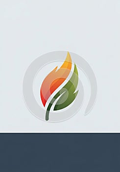 An abstract logo design with a stylized flame and leaf. The flame is