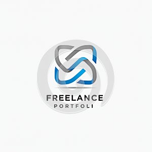 Abstract logo featuring interwoven grey and blue shapes forming a stylized knot,