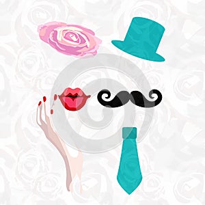 Abstract logo funny bride and groom, mustache tie and cylinder