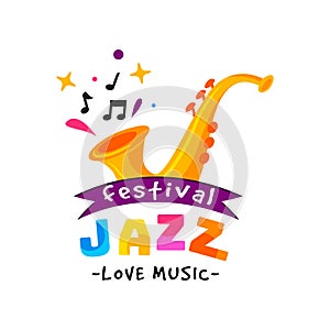 Abstract logo for jazz festival. Live music concert. Creative emblem with golden saxophone. Flat vector design