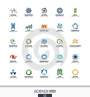 Abstract logo set for business company. Science, education, physics and chemical concepts. Dna, atom, molecule, bio