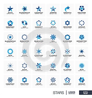 Abstract logo set for business company. Star segment connect, sun, section, geometric concept. Polygons, superstar