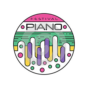 Abstract logo template for music festival. Creative linear sticker with colorful piano keys. Musical instrument. Vector