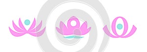 Abstract logo templates set of stylized meditating human silhouette and blooming lotus flowers. Simple vector emblem for yoga