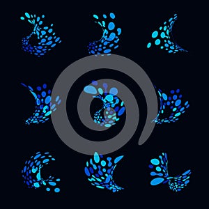 Abstract logos from dots in the form of an ocean wave. Set of blue icons from distorted dots. Liquid splash vector