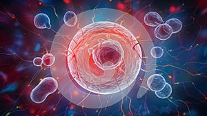 Abstract look inside a living cell nucleus, mitochondria, vacuoles