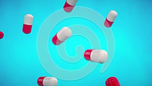 Abstract looped background with lots of flying and rotating white â€” red medical pills