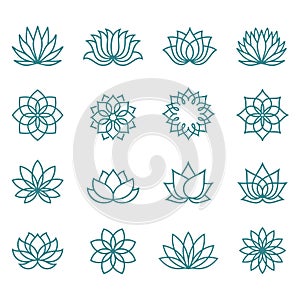 Abstract lotus flowers. Lotus flower icon set in flat and line styles.