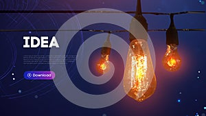 Abstract low poly lamp with yellow light on blue vector technology background. Creative business idea. Futuristic energy