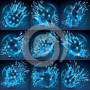 Abstract low poly wrecked objects with connected lines an